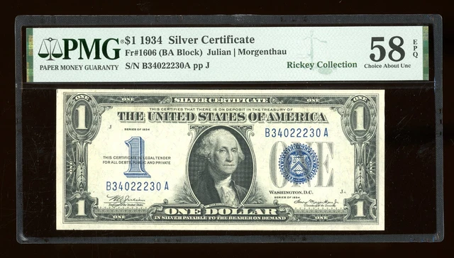 DBR 1934 $1 Silver Funnyback Fr. 1606 BA Block PMG 58 EPQ Serial B34022230A