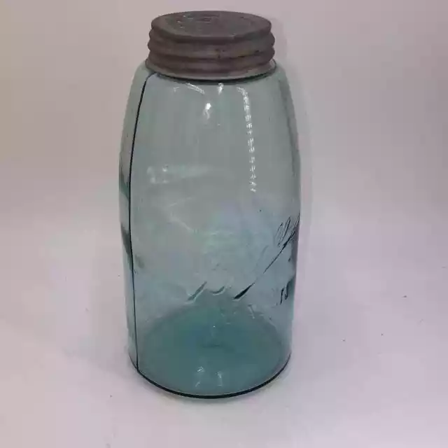 Antique Aqua Blue Glass Ball Mason Half Gallon Jar c1900-10 Triple L w/ Zinc Lid