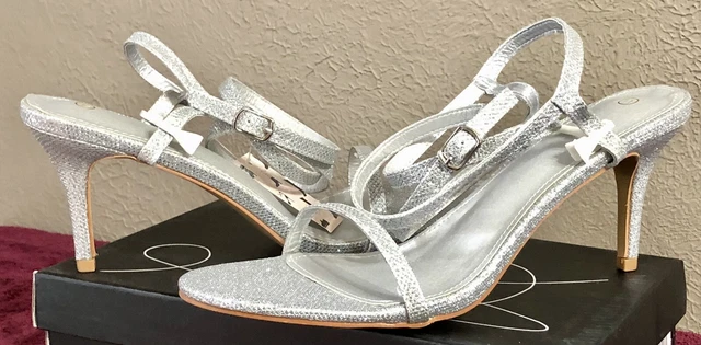 Women’s Silver Sparkle Lace Up Leg Wrap Stiletto Heel Slingback Sandals 11M NIB