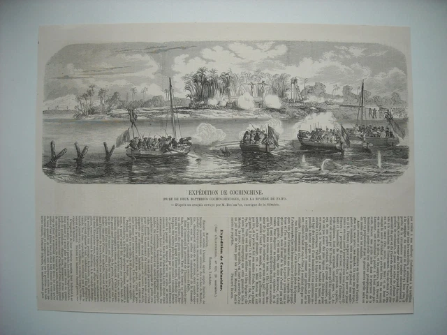 Gravure 1858. Cochinchine. Prise Deux Batteries Cochinchinoises, Riviere Faifo..