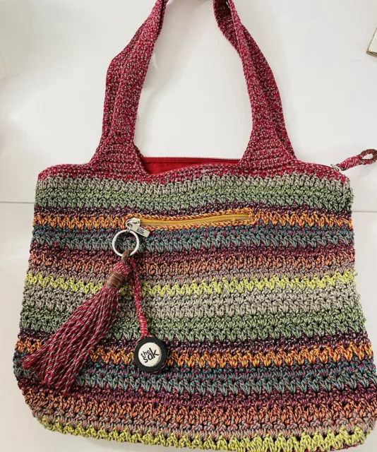 The Sak Satchel Shoulder Bag Crochet Knit Spring Colors Fringe Tassel Boho Hobo 2