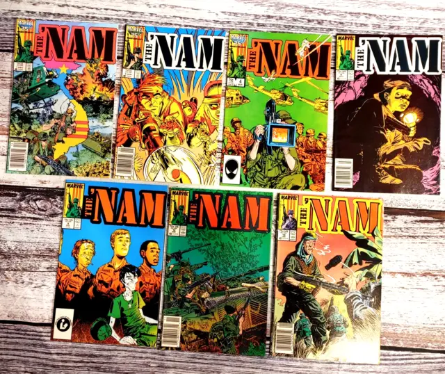 The Nam Lot of 7 Comics. #'s 1-2,4,8-9,12 + 14. Marvel, 1986-1988. 5 Newsstands.