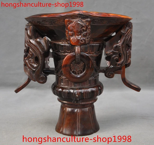 7" old China natural Ox horn Bull horns Carved Dragon Wine vessel Goblet Cup