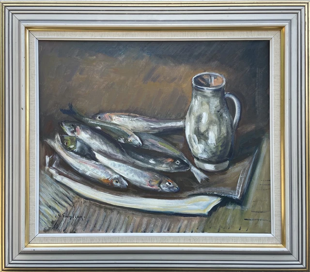 Göte Svensson 1926 Küchenstillleben Con Pescado Y Jarra Arenque Pintura Al Óleo
