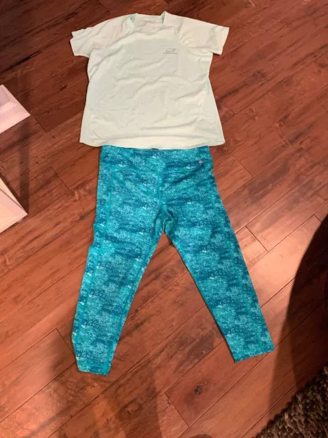 Vineyard Vines XL Watercolor Aqua Performance Compression Leggings UPF30 And Tee