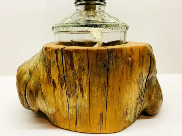 Clear Glass Oil Lamp With Large Driftwood Base 15.5" Tall 2