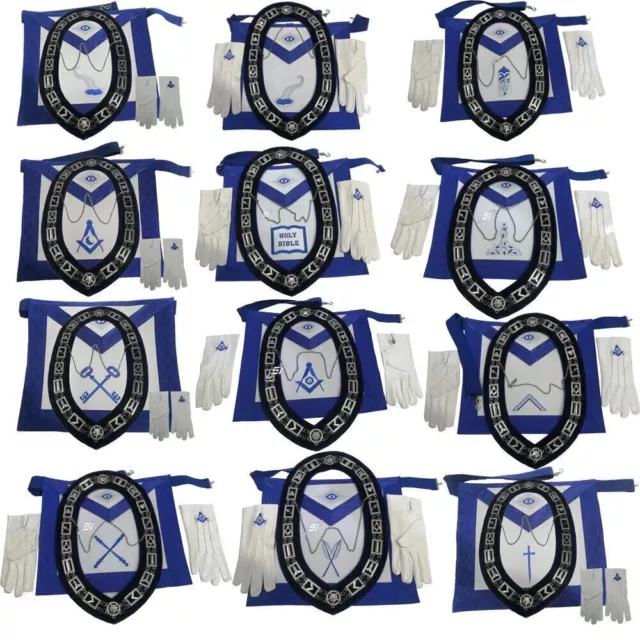 Masonic Blue Lodge Officer Aprons, Chain Collar with jewel,Glove Set Pack  of 12