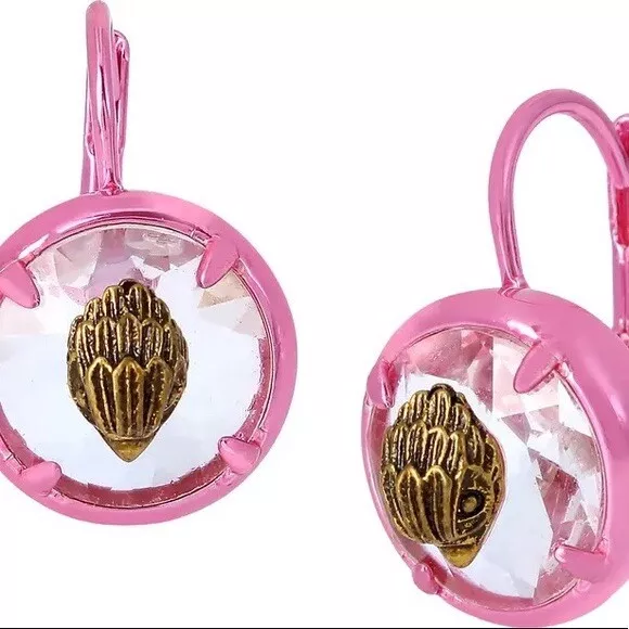 Kurt Geiger London Gold Eagle Head Pink  Metallic Crystal Stone Earrings NEW