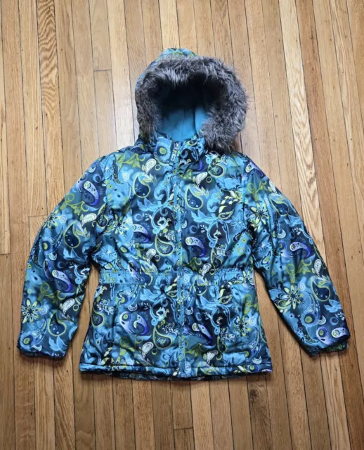 Faded Glory Girl Winter Coat Xl (14-16) Green Blue Floral Ski Jacket Great Cond.