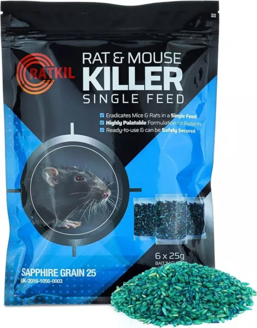 Ratkil Rat Poison Bait & Mouse Grain Strongest All Weather Single Feed 6 x25g Uk