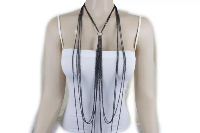 New Women Pewter Color Body Chain Jewelry Set Long Necklace Ring Charm Sexy Look