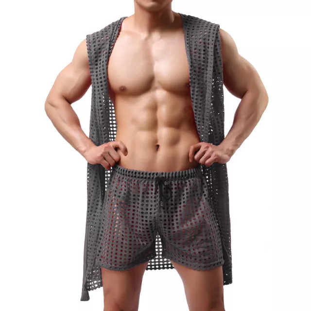 Hommes Kimono Transparent Pyjama Maille Robe de Chambre à Capuche Creux Gardiens 3