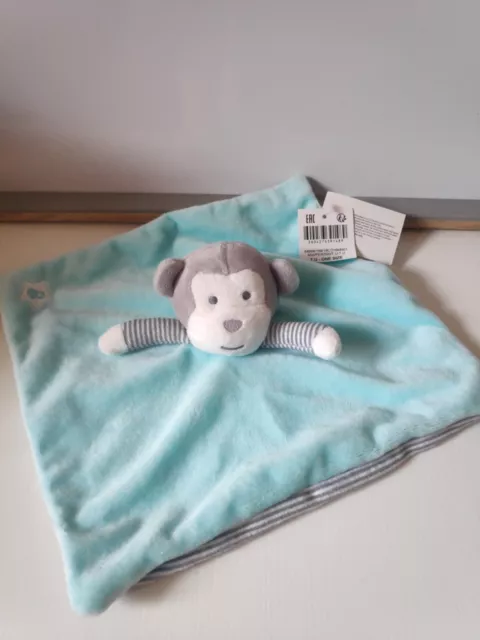 Doudou plat singe blanc gris bleu rayé Obaibi neuf   + cadeau