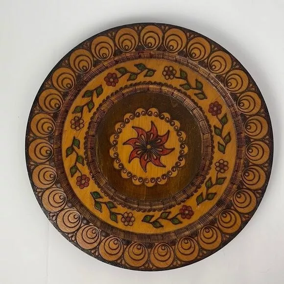 Vintage Polish Hand Carved Wooden 12 in. Plate home wall decor rustic floral