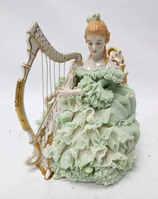 Irish Dresden "Sinead" Lady Playing Harp 6 1/2" Porcelain Lace Figurine Free S&H
