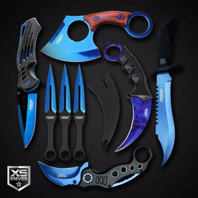 8pc Tactical BLUE Set BOWIE Fixed Blade THROWING KNIVES Pocket Knife KARAMBIT