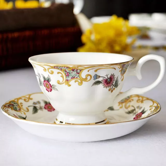 British Bone China Coffee Cup and Saucer Set Ceramic Afternoon Flower Tea Teacup