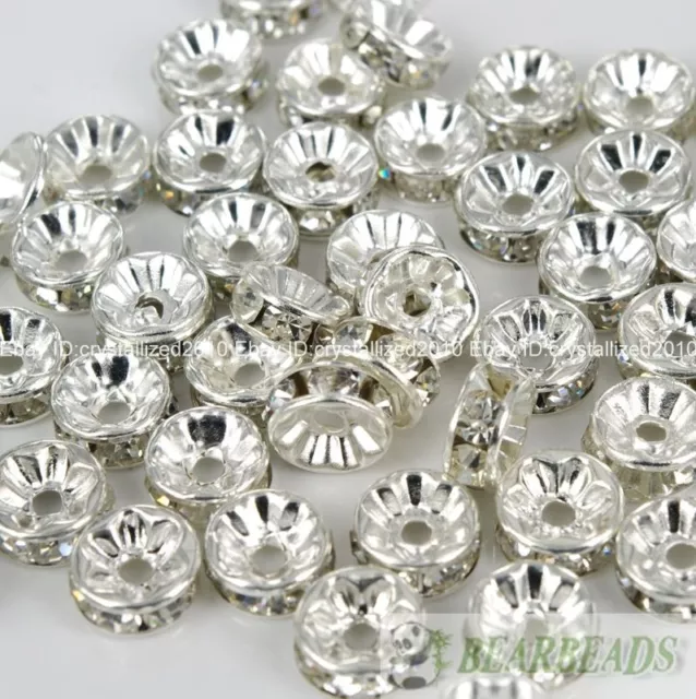 100 Czech Crystal Rhinestone Silver Rondelle Spacer Beads 4mm 5mm 6mm 8mm 10mm 3