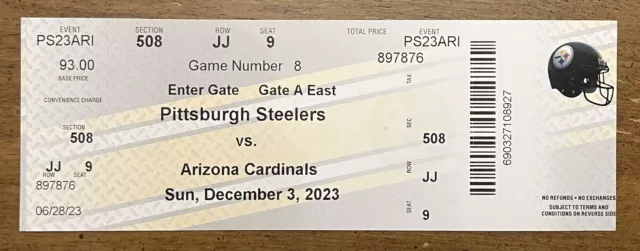 Arizona Cardinals @ Pittsburgh Steelers Full NFL Ticket Stub 12/03/2023 RARE!