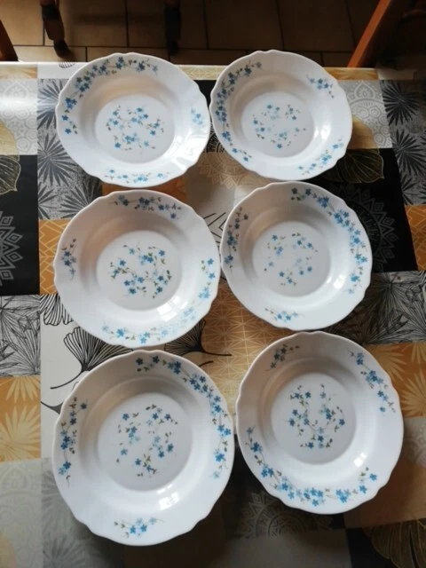 5 Assiettes Creuses Arcopal Modèle Myosotis - En Faïence, Occasion Avec Légères Marques D'usure