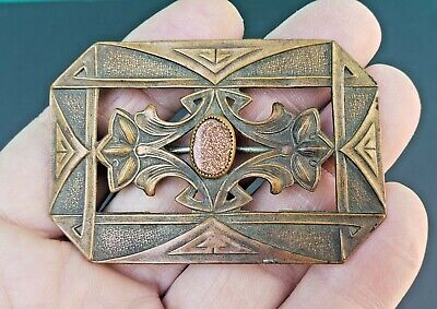 Art Nouveau Sash Brooch Pin Brass Goldstone Aventurine Glass Stone c1900 Antique