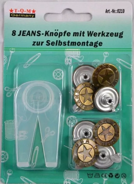 8 Jeans - Knöpfe + Werkzeug für Hosen Hemden Nähfrei Knopf Hose Metall 20mm 17mm