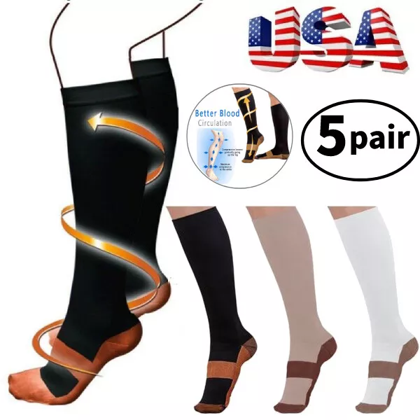 (5 Pairs) Copper Infused Compression Socks 20-30mmHg Graduated Support Men Women