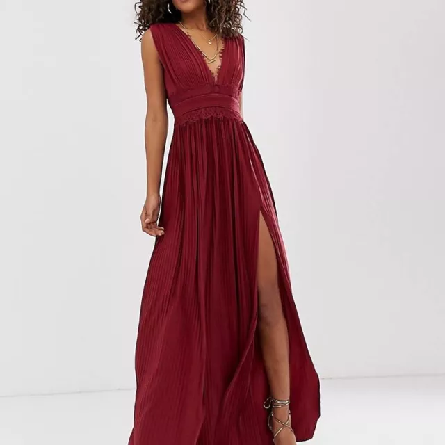 ASOS DESIGN Premium Lace Insert Pleated Maxi Dress Size 00 Burgundy