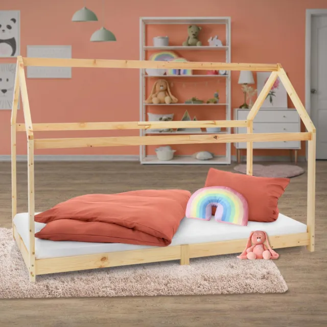 Cama infantil de pino color natural cuna con colchón en forma de casa  200x90 cm
