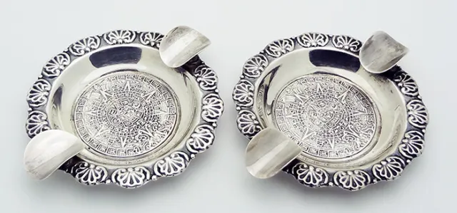 Plat-Mex-S.A. Mexico Set of 2 Mayan Calendar 70MM Ash Trays in Sterling Silver