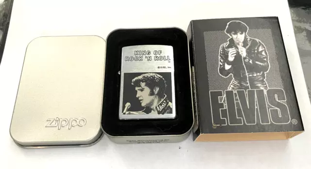 1998 Zippo Lighter Brushed Chrome Elvis King Of Rock & Roll NIB