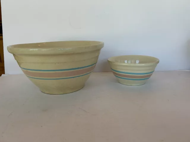 MCCOY POTTERY 2 MIXING BOWL PINK & BLUE BANDS 6” & 10”Vintage set Oven Proof