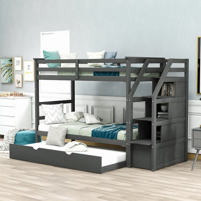 Twin Over Twin Bunk Bed with Trundle and 3 Storage Stairs Wood Bunkbed,Bedframe