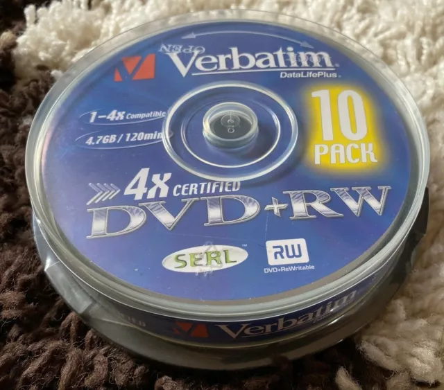 New Verbatim DVD+RW 4.7GB 4x Speed 120min Rewritable DVD Disc Spindle (Pack 10)