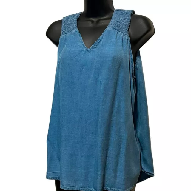 Joie Chambray Blue Denim Sleeveless Smocked Blouse Top Womens size Large