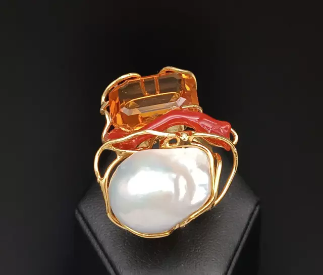 Bague pour Femme Vrai Corail Rouge Perle Blanc Quartz Bande Argent 925 D'Or
