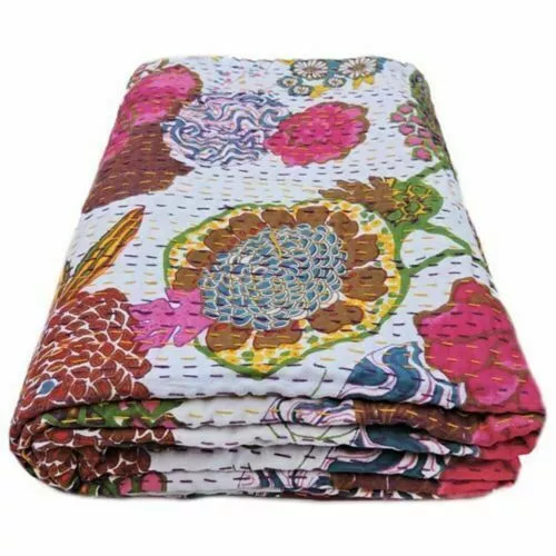 Colcha KANTHA FLORAL blanca india, manta de cama tamaño Queen, colcha