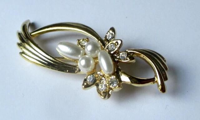 Broche Vintage ART Or Avec Perles Et Cristaux - État Impeccable - Modèle 290