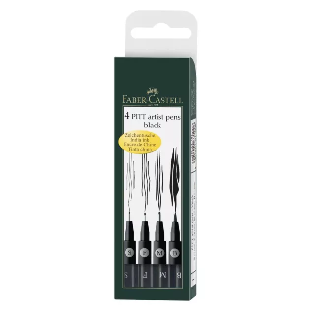 Faber Castell Pitt Artist Pens 4 Black Drawing Fineliner Set of 4 Pens Art