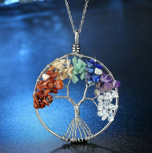 Tree of Life Chakra Crystal Gemstone Stone Reiki Healing Pendant Necklace