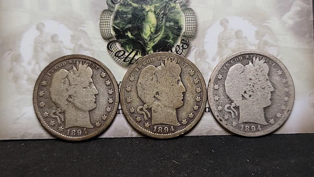 Lot of 3 Barber Quarters 25c 1894 P, 1894 O & 1894 S