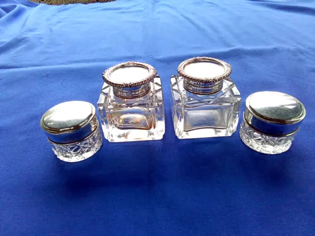 2 Cut Glass Inkwells Sterling Tops- 2 Cut Glass & Sterling Dresser Jars