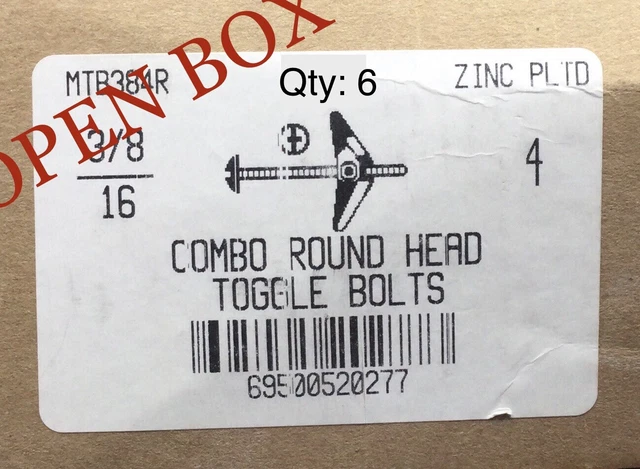 Mutual Screw & Supplies MTB384R Combo Round Head Toggle Bolts 3/8/16”  BOX OF 6