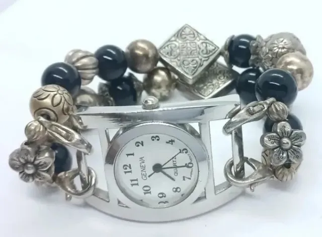 Women Geneva Watch Black and Silver Beads Stretch Bracelet White Face Easy Read
