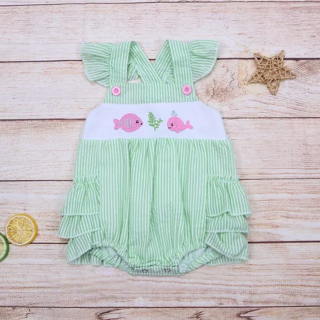 NEW Fish Baby Girls Boutique Seersucker Ruffle Romper Jumpsuit