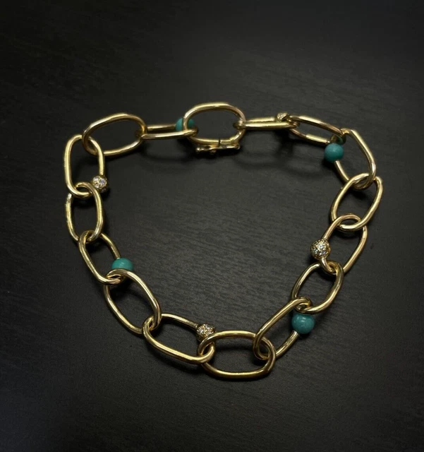 Solid 18K Yellow Gold Oval Link with Turquoise Beads Bracelet 7" 13.3g Solid 18K Yellow Gold Oval Link with Turquoise Beads Bracelet 7" 13.3g