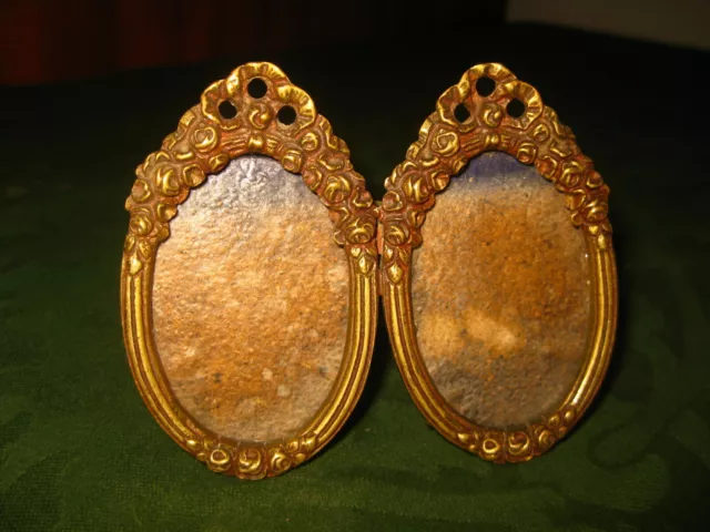 ANTIQUE VICTORIAN DOUBLE PICTURE FRAME CADRE RAHMEN BRONZE LACE & GLASS 1900s