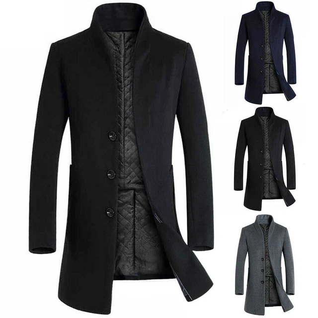 Men Single Breasted Long Jacket Trench Coat Artificia Wool Overcoat Warm Outwear