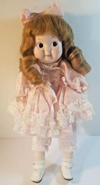 Vintage Seymour Mann Porcelain Brown Curly Hair Pink Dress 13" Doll