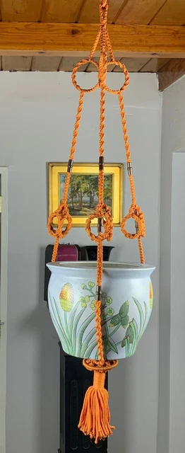 RARE Vintage 56" Large Orange Macrame Plant Hanger Huge Boho Braided Jute